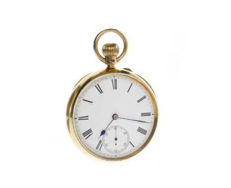 EARLY TWENTIETH CENTURY EIGHTEEN CARAT GOLD OPEN FACE KEYLESS WIND POCKET WATCHthe round white enamel dial with Roman numeral