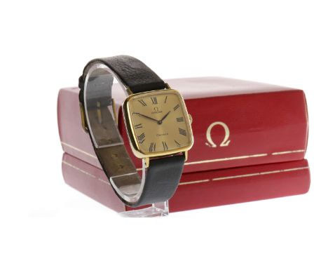GENTLEMAN'S OMEGA GOLD PLATED MANUAL WIND WRIST WATCHthe square gold coloured dial with Roman numerals in black, 27mm case wi