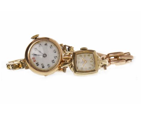 TWO LADY'S NINE CARAT GOLD MANUAL WIND WRIST WATCHEScomprising a Record example with rounded square dial with applied gold co