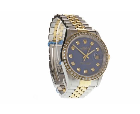 GENTLEMAN'S ROLEX OYSTER PERPETUAL DATEJUST DIAMOND SET STAINLESS STEEL BI COLOUR WRIST WATCHthe round blue dial with gold bo