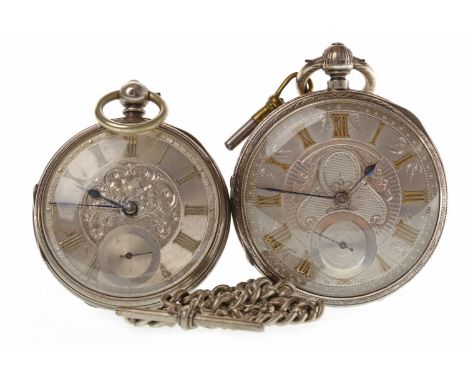 TWO VICTORIAN SILVER OPEN FACE KEY WIND POCKET WATCHESthe round silver dials, subsidiary dials at 6, with applied Roman numer