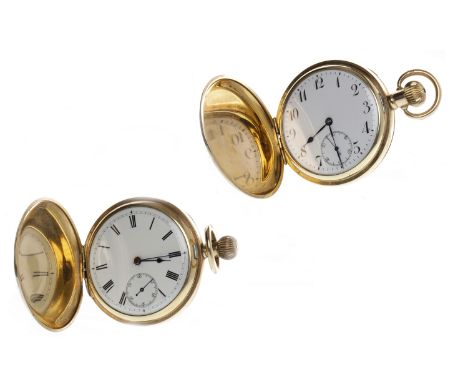 TWO EARLY TWENTIETH CENTURY FULL HUNTER GOLD PLATED KEYLESS WIND POCKET WATCHESone with a round white enamel dial with Roman 