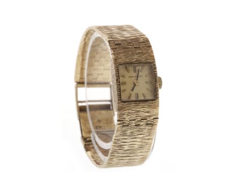 LADY'S JEAN RENET NINE CARAT GOLD MANUAL WIND WRIST WATCHunsigned 17 jewel movement, the square champagne dial with applied g