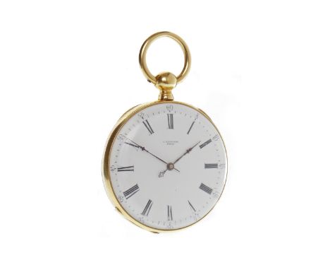 CONTINENTAL EIGHTEEN CARAT GOLD OPEN FACE KEY WIND POCKET WATCHunsigned movement, the round white enamel dial by C. Detouche,