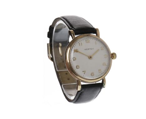 GENTLEMAN'S VERTEX NINE CARAT GOLD MANUAL WIND WRIST WATCH1960s, signed Vertex Revue movement,  the round white dial with app