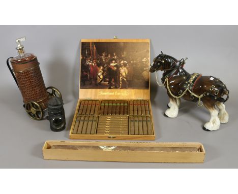 A lot of collectables including an oversized cigar in case, novelty golf themed decanter, ceramic model of a shire horse etc.