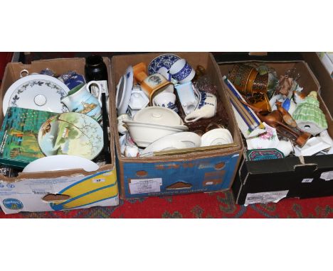 Three boxes of mixed ceramics, glassware and metalwares including Hornsea, Doulton, Crown Devon, Worcester etc.