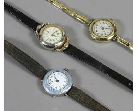 Three ladies wristwatches including a vintage silver and gillouche enamel example.