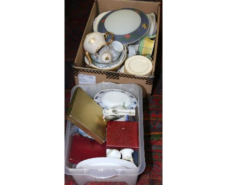 Two boxes of miscellaneous ceramics and cutlery to include Wedgwood, Copeland Spode tea service decorated in the soft wispers