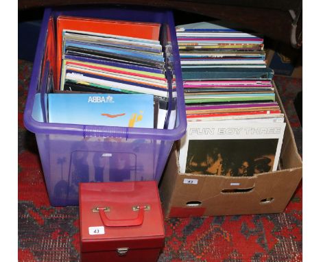 Two boxes containing a quantity of records to include pop, light rock ballards etc along with three small records cases.