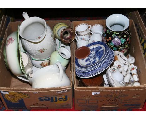 Two boxes containing a quantity of C20th ceramics, vases, part tea service, wash jug, bowl etc (AF).