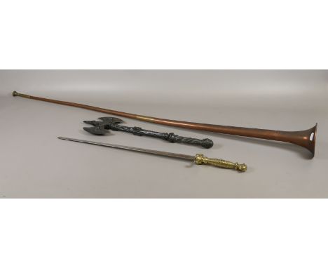 A two piece copper hunting horn, along with a metal axe and dress sword (AF).