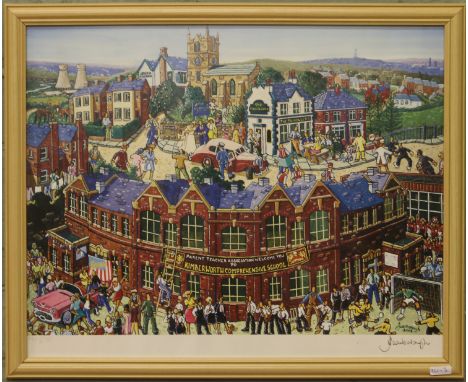 A framed limited edition signed Joe Scarborough print depicting Kimberworth village.