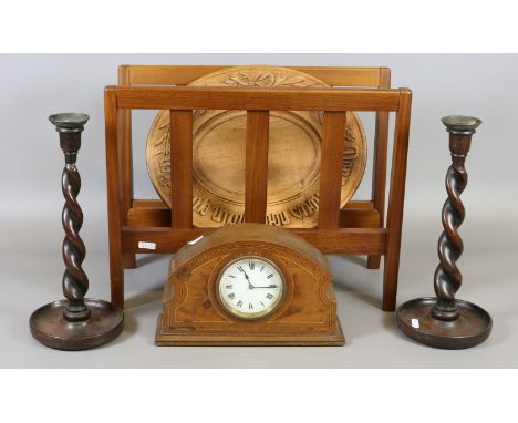 A quantity of woodwork items to include a pair of barleytwist candlesticks, walnut mantel clock, magazine rack etc.