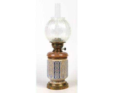 A Victorian Aesthetic movement pottery based oil lamp with etched glass shade, 56cm.  Condition Report. To be used as a guide