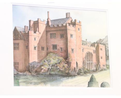 Two architectural ink and wash of Compton Wynyates and Compton Castle by Bob Widgery.
