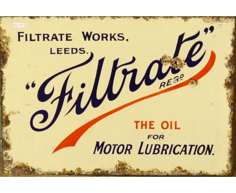 A vintage enamelled metal advertising sign for Filtrate Works Leeds 'the oil for motor lubrication'.