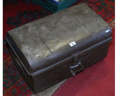 A tin trunk and a box of vintage books and magazines including three volumes The Plays of Shakespeare.