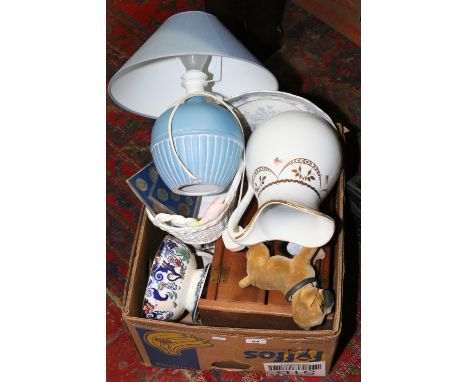 A box of miscellaneous ceramics silver plate and coin sets etc and a vintage nodding dog.