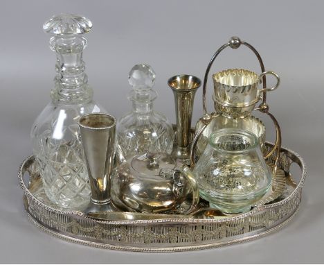 A tray of plated ware and glass to include decanter, spreading vase, commemorative glassware, flatware etc.