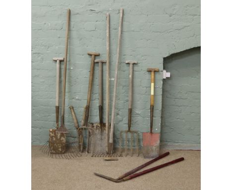 Assorted old gardening tools.