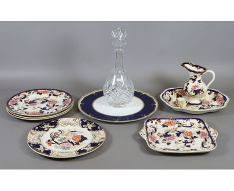 A collection of Masons Ironstone ceramics in the Mandalay pattern along with a Royal Worcester cake stand and cut glass decan