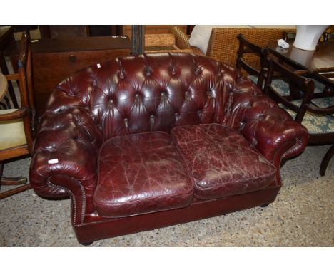 RED LEATHER TWO-SEATER CHESTERFIELD SOFA, 148CM WIDE