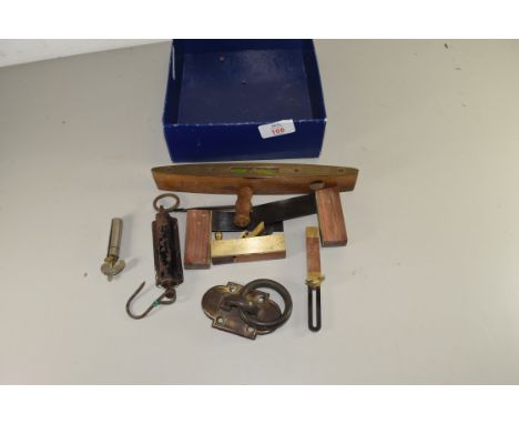 BOX OF VINTAGE WOODWORKING TOOLS, VINTAGE POCKET SCALES ETC