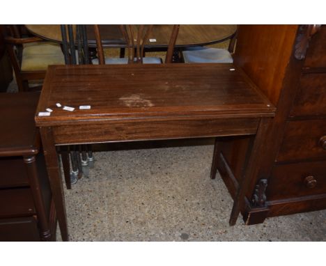 MAHOGANY RECTANGULAR FOLD TOP CARD TABLE ON TAPERING LEGS, 91CM WIDE