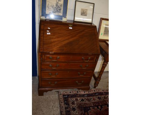 REPRODUCTION MAHOGANY BUREAU WITH FALL FRONT OPENING TO A FITTED INTERIOR OVER A FOUR DRAWER BASE WITH BRACKET FEET, 76CM WID