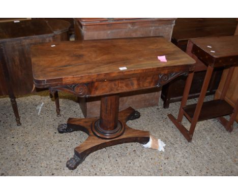 EARLY 19TH CENTURY MAHOGANY FOLDING CARD TABLE RAISED ON CIRCULAR COLUMN AND BASE WITH PAW FEET, 82CM WIDE