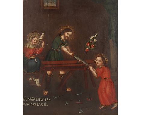 SCHULE VON CUSCO 18.JH., "Jesus erlernt das Zimmermannshandwerk bei seinem Vater", Öl/Lwd., 55 x 46, rest., R.