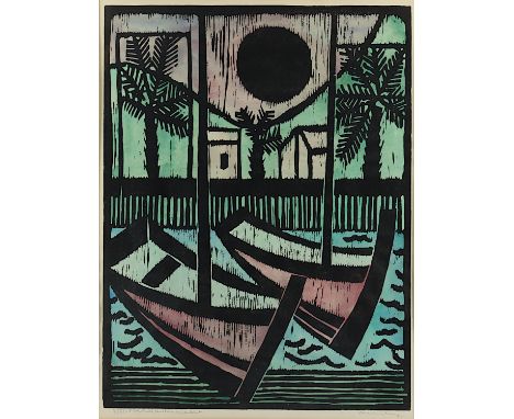 VORDEMBERGE, Friedrich, "Zwei Boote", kolorierter Holzschnitt, 57,5 x 44, handsigniert, bez. Handdruck, datiert I/8/50, R.