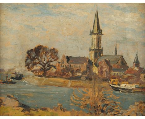 DÜSSELDORFER SCHULE UM 1930, "Kleinstadt am Niederrhein", Öl/Hartfaser, 17,5 x 35,5, R.