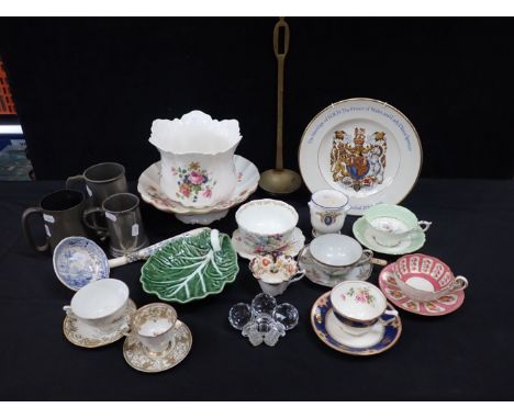 A VICTORIAN BLUE AND WHITE TRANSFER SOUP LADLE pewter mugs, a brass ladle and other items