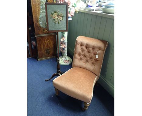 A VICTORIAN NURSING CHAIR, AND A POLE SCREEN on tripod stand (leg previously repaired) (2)
