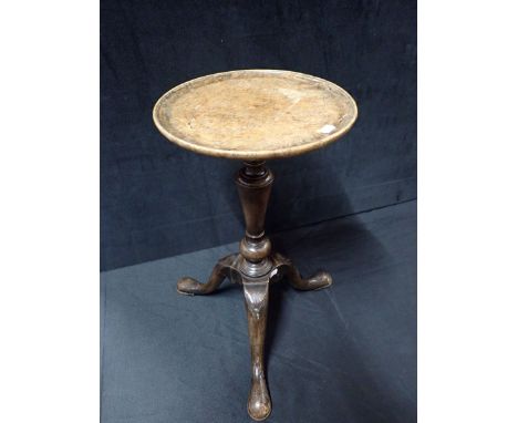 A GEORGEII STYLE BURR WALNUT TOPPED WINE TABLE the dished top with a tripod base 30cm diam