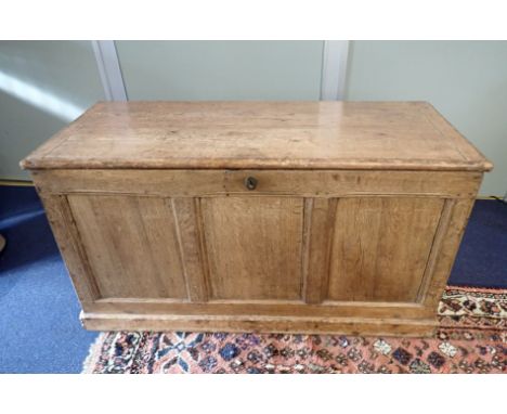 AN OLD LIGHT OAK AND PINE COFFER with oak panelled front, sides and back, pine lid and plinth 111 x 50 x 60cms high