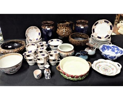 A HEATHCOTE ERSKINE PATTERN TEA SERVICE for 12, a pair of Lovatt's Langley Ware vases, and other items