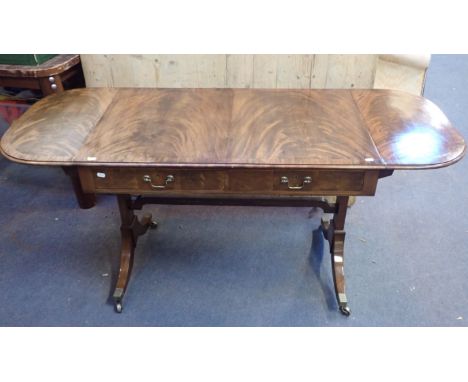 A 19TH CENTURY FIGURED MAHOGANY SOFA TABLE one drawer fitted with inkwell slide 97cm wide