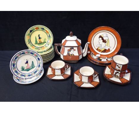 AN HB QUIMPER PART TEA SET, WITH OCTAGONAL TEAPOT painted with Breton heads, and a group of Quimper plates (mostly in fair co