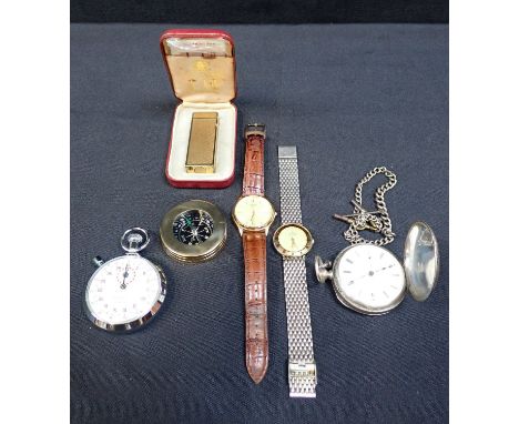 AN AMERICAN SILVER POCKET WATCH with an 1884 inscription and a watch chain, with other watches, a stop watch, a Dunhill light