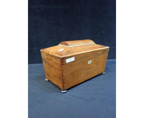 AN EARLY VICTORIAN ROSEWOOD TEA CADDY Sarcophagus shape, complete with mixing glass, 30 cms long
