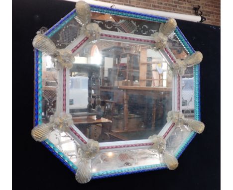 AN OCTAGONAL VENETIAN MIRROR with coloured and latticed twist canes, gilt leaves and engraved margins, 20th century 40 x 45cm