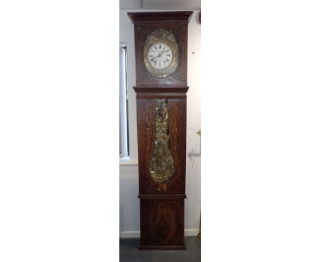 A 19TH CENTURY COMTOISE LONGCASE CLOCK in grained and painted case, with repousse dial surround and lyre-shaped pendulum (fee