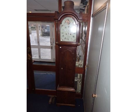 AN EIGHT-DAY LONGCASE CLOCK BY MARBIS, HULL oak-cased with painted moon-phase arched dial, with motto; 'Sic Est Vita Hominis'