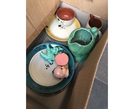 A box containing Poole dinnerware, Sylvac vase etc 