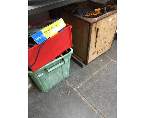 Three boxes of misc power tools, hand tools, fire extinguisher etc 