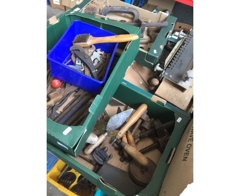 Five boxes of assorted tools, G clamps, Small oil cans, spirit levels, spanners etc 