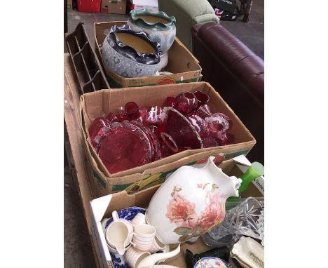 Three boxes of pottery, cranberry glass, jardinires and wooden ware with rack, including a Grays pottery coffee set (no sauce